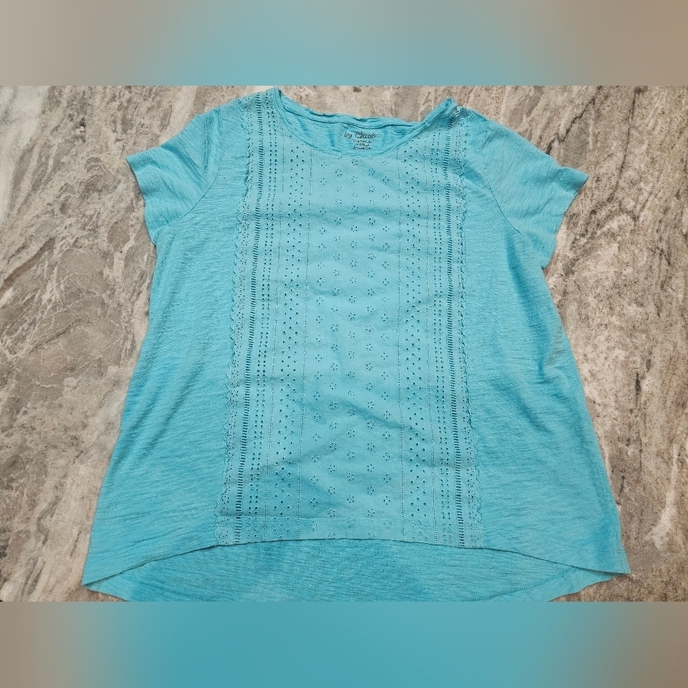 Chico’s Size 2 Aqua Eyelet Embroidered Front Top Short Sleeve Cotton Modal